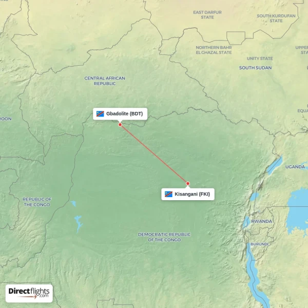 Kisangani - Gbadolite direct flight map