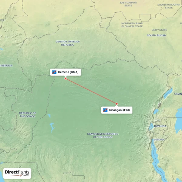 Kisangani - Gemena direct flight map