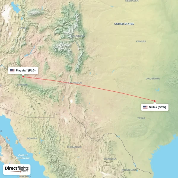 Flagstaff - Dallas direct flight map