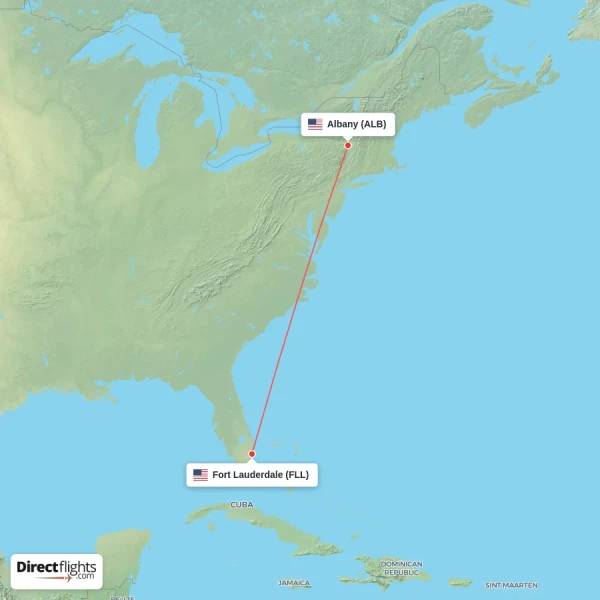 Fort Lauderdale - Albany direct flight map