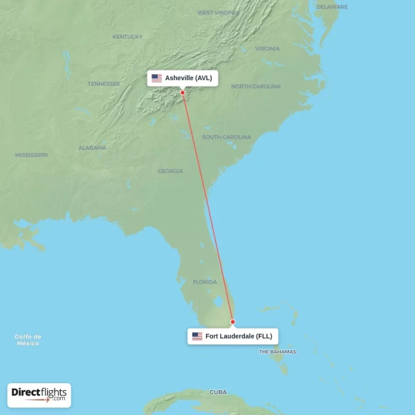 Fort Lauderdale - Asheville direct flight map