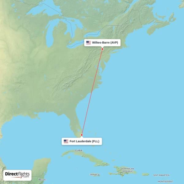 Fort Lauderdale - Wilkes-Barre direct flight map