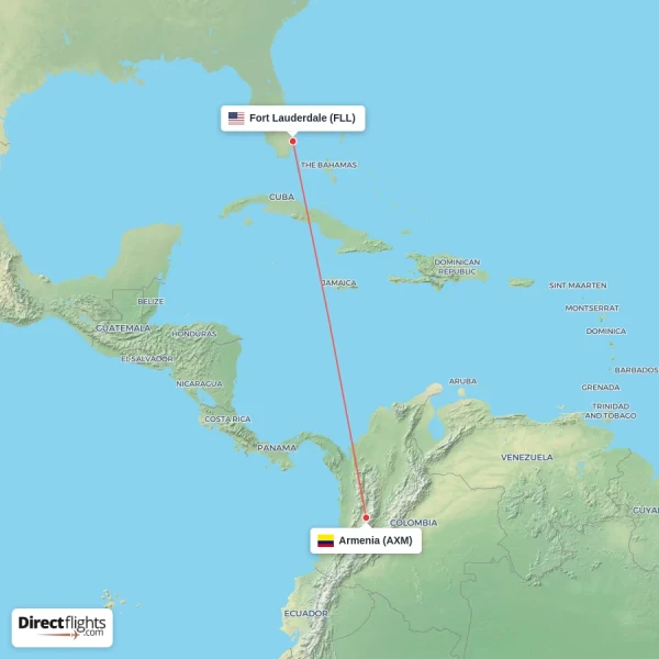 Fort Lauderdale - Armenia direct flight map