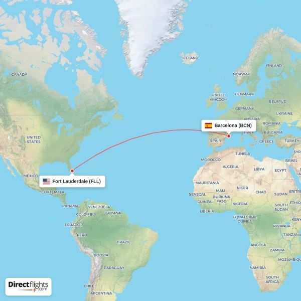 Fort Lauderdale - Barcelona direct flight map