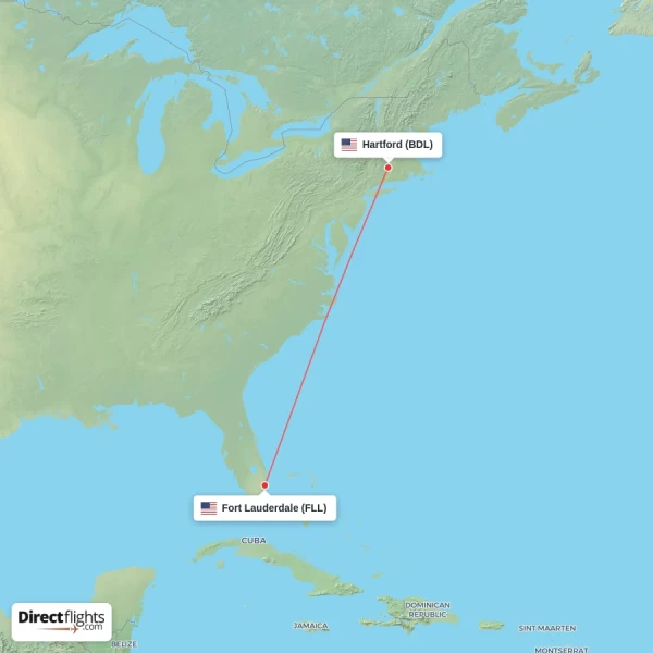 Fort Lauderdale - Hartford direct flight map