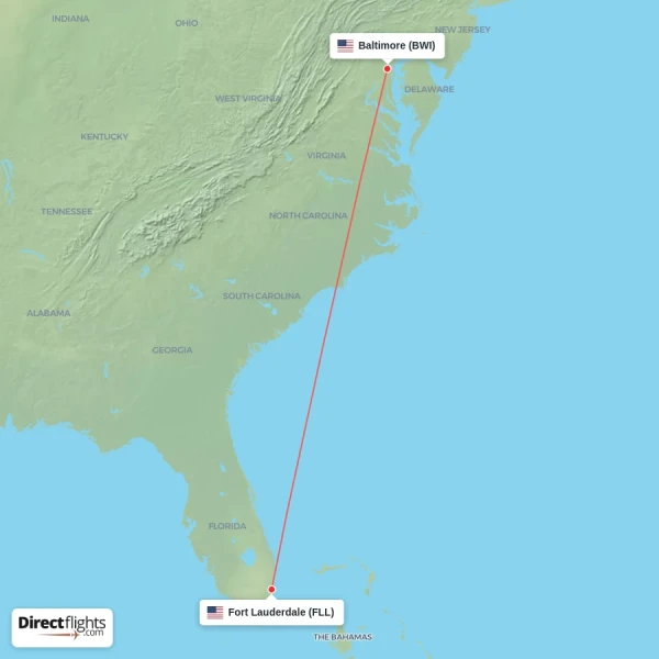 Fort Lauderdale - Baltimore direct flight map