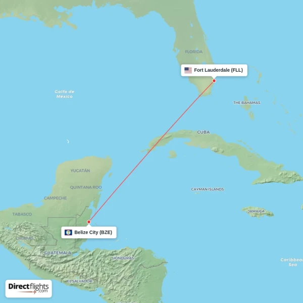 Fort Lauderdale - Belize City direct flight map