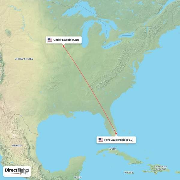 Fort Lauderdale - Cedar Rapids direct flight map