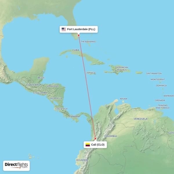 Fort Lauderdale - Cali direct flight map