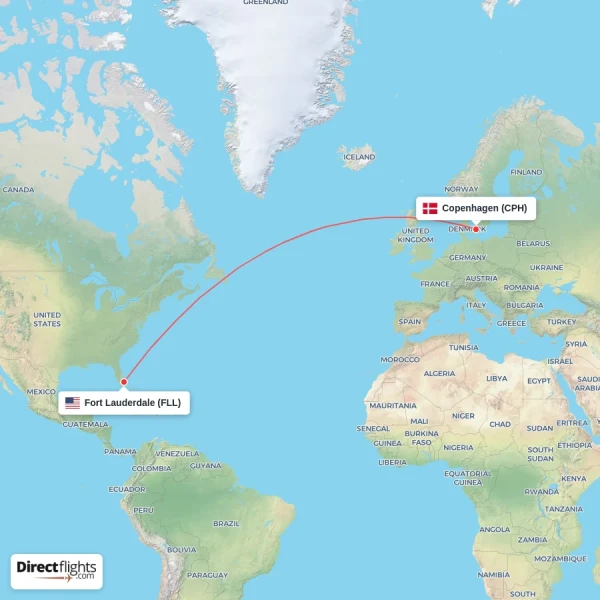 Fort Lauderdale - Copenhagen direct flight map