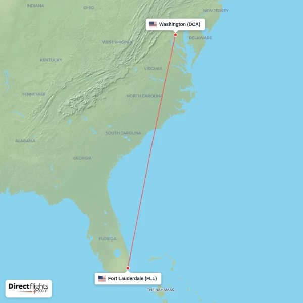 Fort Lauderdale - Washington direct flight map