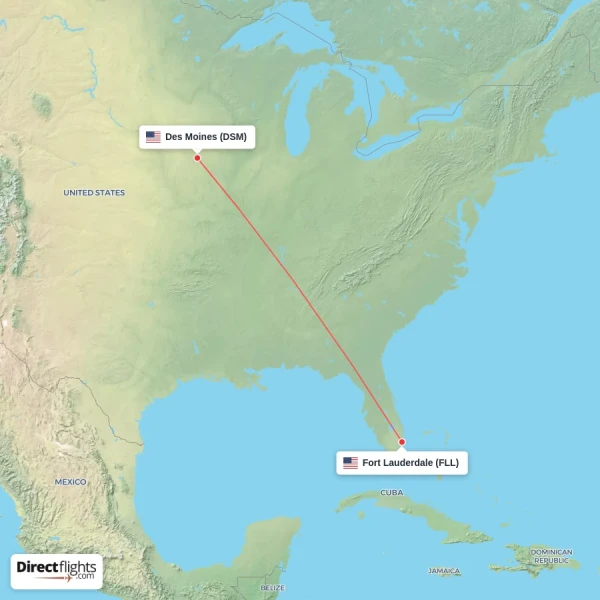 Fort Lauderdale - Des Moines direct flight map