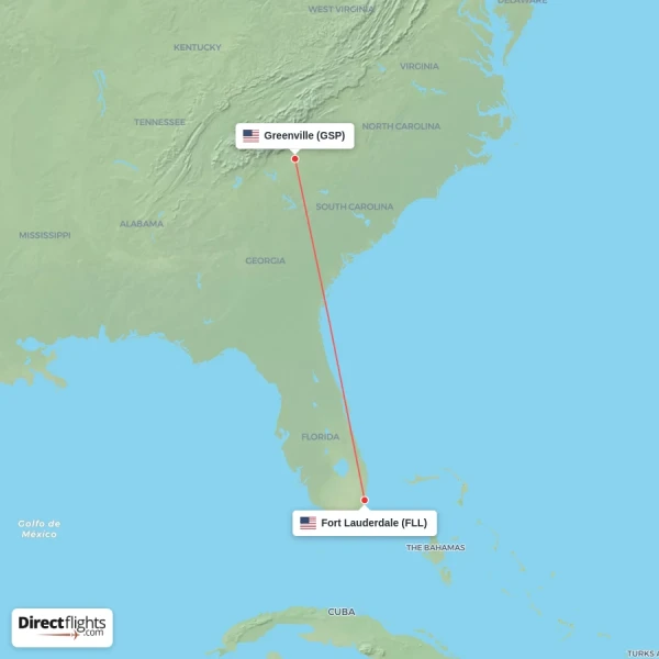 Fort Lauderdale - Greenville direct flight map