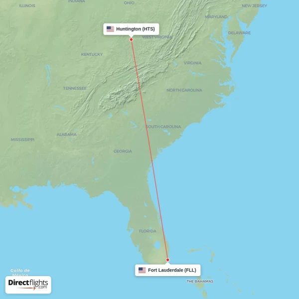 Fort Lauderdale - Huntington direct flight map
