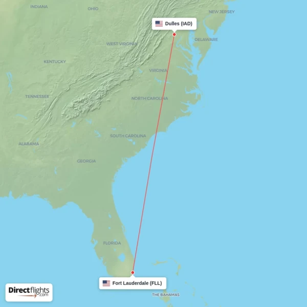 Fort Lauderdale - Dulles direct flight map