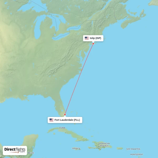 Fort Lauderdale - Islip direct flight map