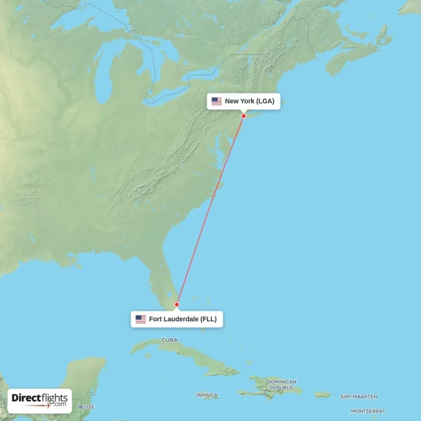 Fort Lauderdale - New York direct flight map