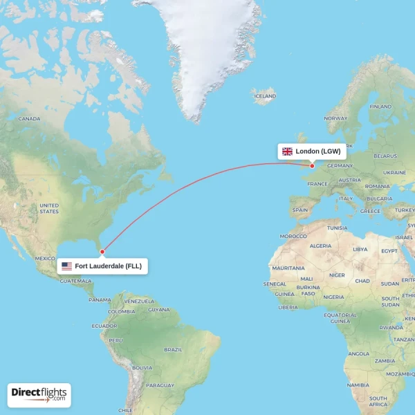 Fort Lauderdale - London direct flight map