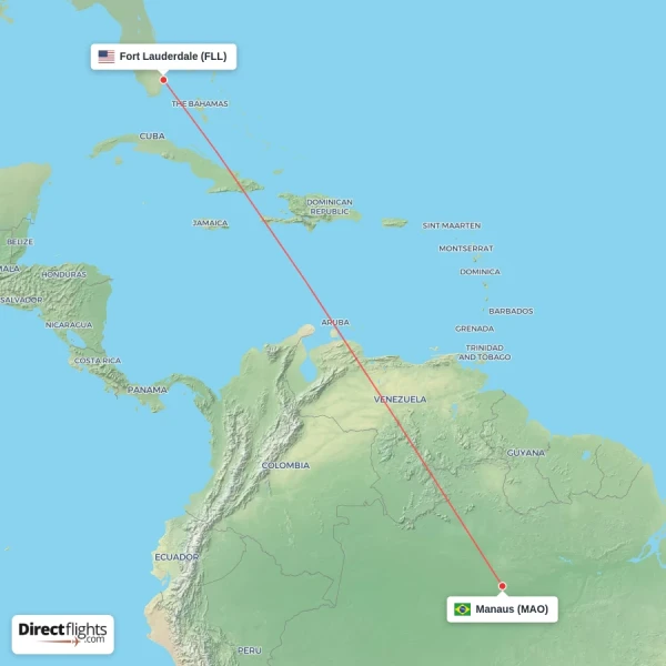 Fort Lauderdale - Manaus direct flight map
