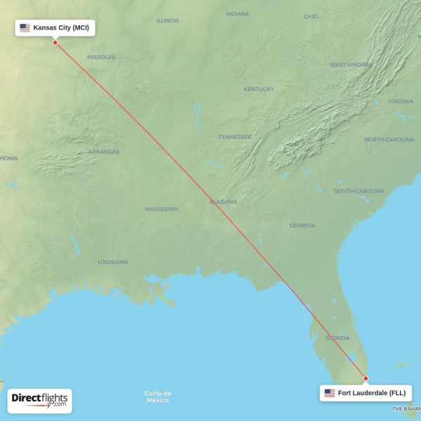 Fort Lauderdale - Kansas City direct flight map