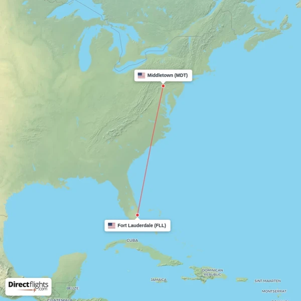 Fort Lauderdale - Middletown direct flight map