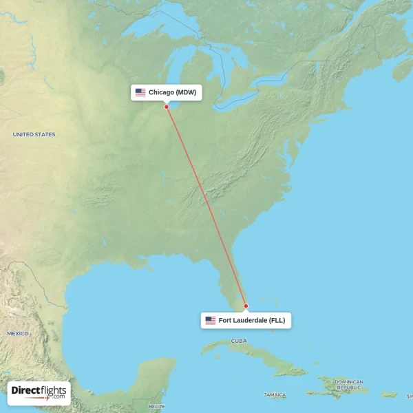 Fort Lauderdale - Chicago direct flight map