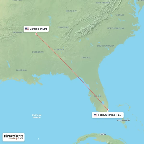 Fort Lauderdale - Memphis direct flight map