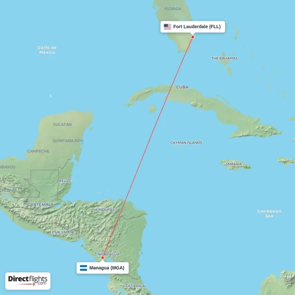 Fort Lauderdale - Managua direct flight map