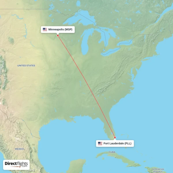 Fort Lauderdale - Minneapolis direct flight map