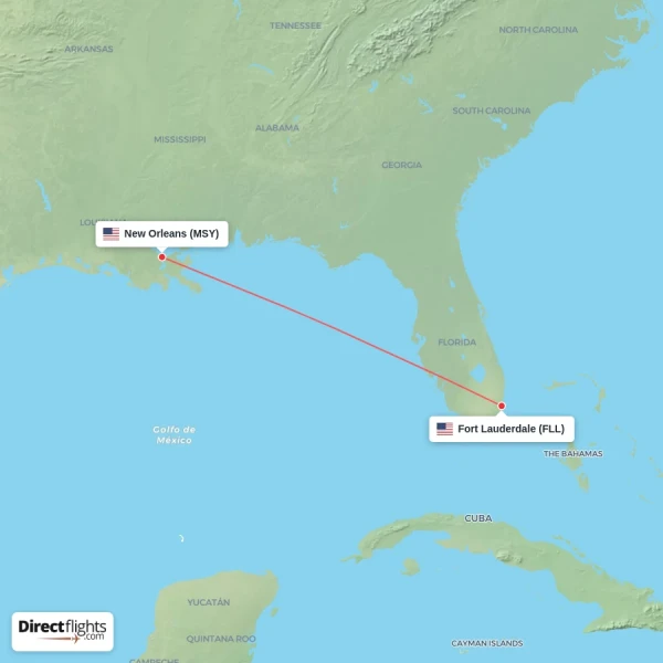Fort Lauderdale - New Orleans direct flight map