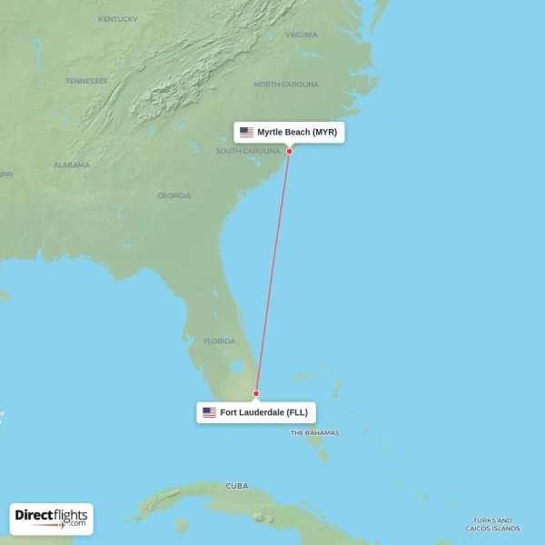 Fort Lauderdale - Myrtle Beach direct flight map