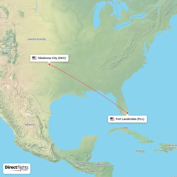 Fort Lauderdale - Oklahoma City direct flight map