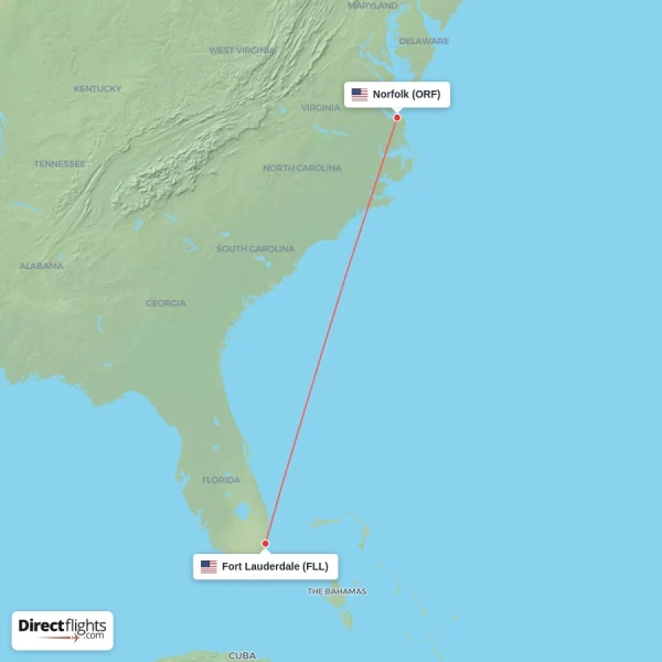 Fort Lauderdale - Norfolk direct flight map
