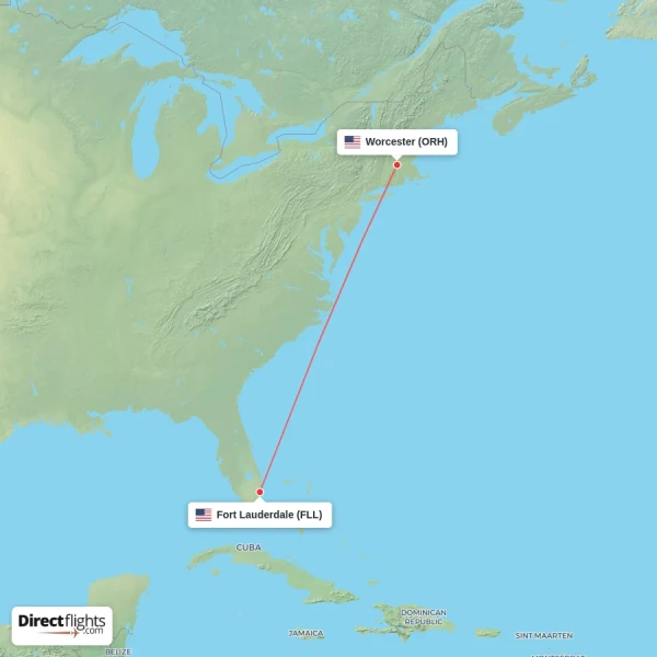 Fort Lauderdale - Worcester direct flight map