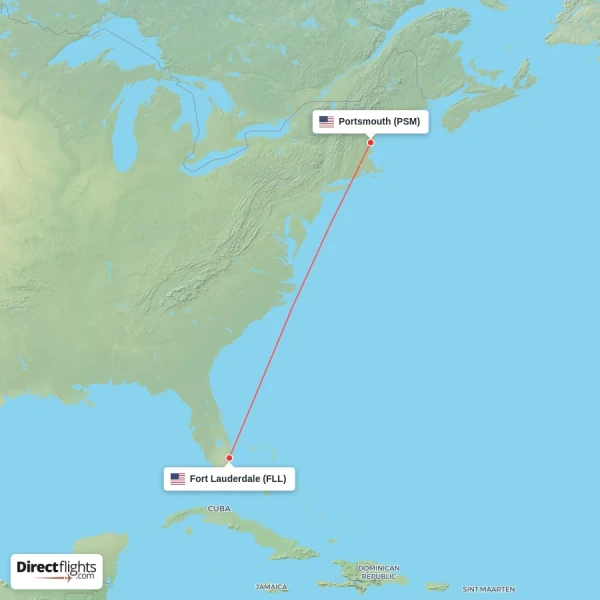 Fort Lauderdale - Portsmouth direct flight map