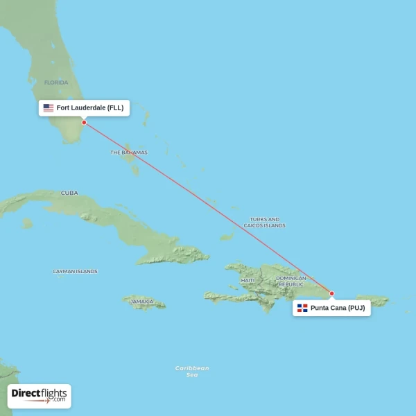 Fort Lauderdale - Punta Cana direct flight map