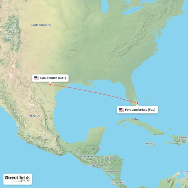 Fort Lauderdale - San Antonio direct flight map