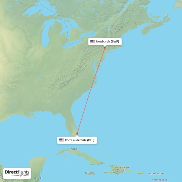 Fort Lauderdale - Newburgh direct flight map