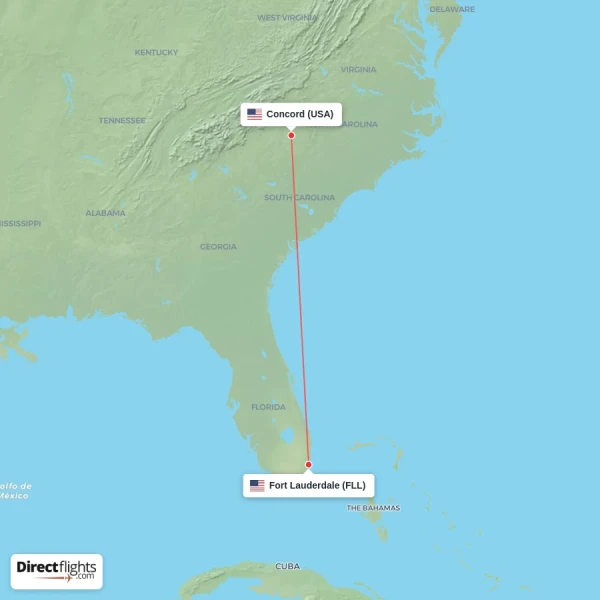Fort Lauderdale - Concord direct flight map