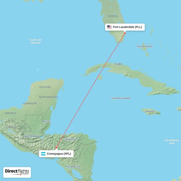 Fort Lauderdale - Comayagua direct flight map