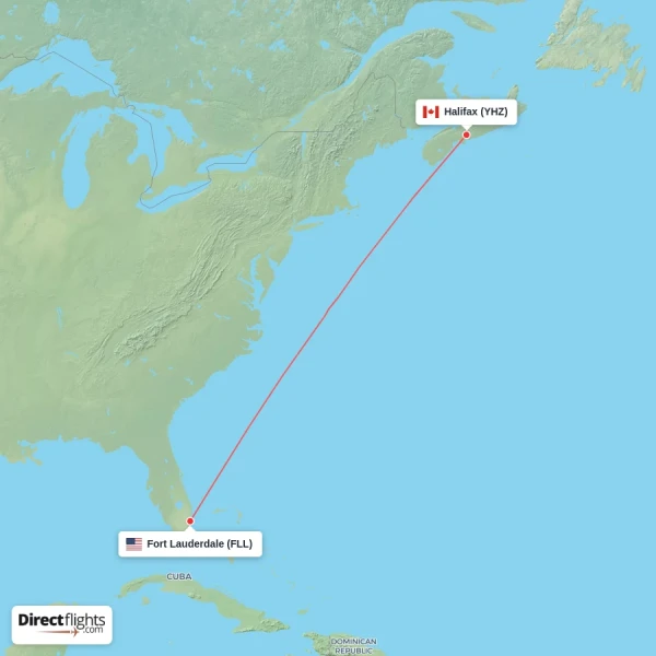 Fort Lauderdale - Halifax direct flight map