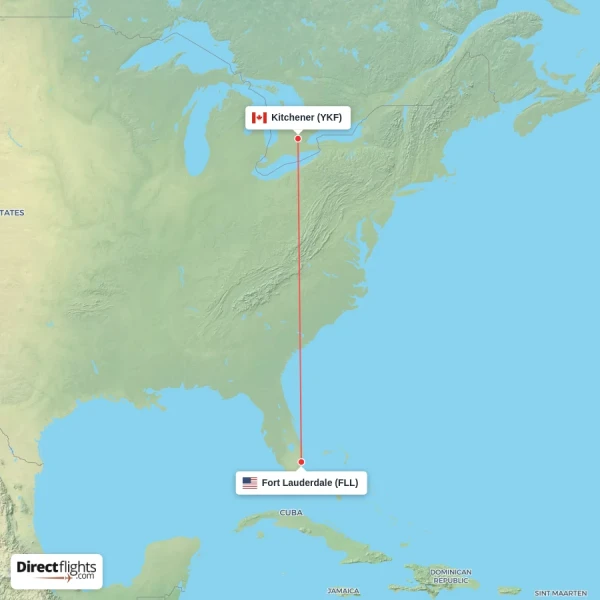 Fort Lauderdale - Kitchener direct flight map