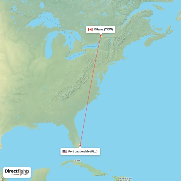 Fort Lauderdale - Ottawa direct flight map