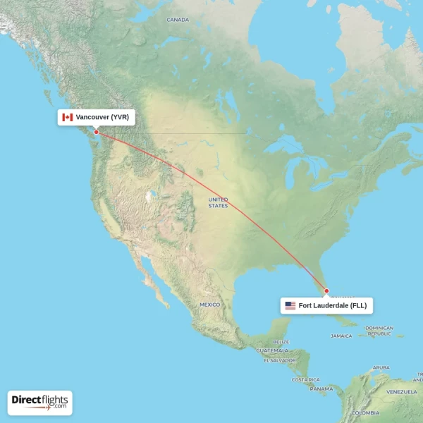 Fort Lauderdale - Vancouver direct flight map