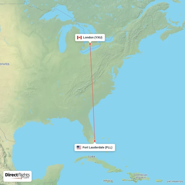 Fort Lauderdale - London direct flight map