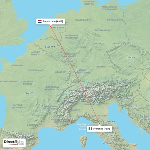 Florence - Amsterdam direct flight map