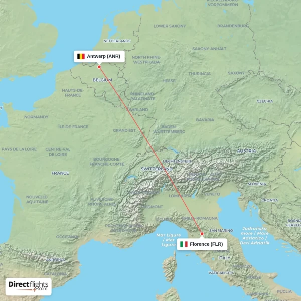 Florence - Antwerp direct flight map