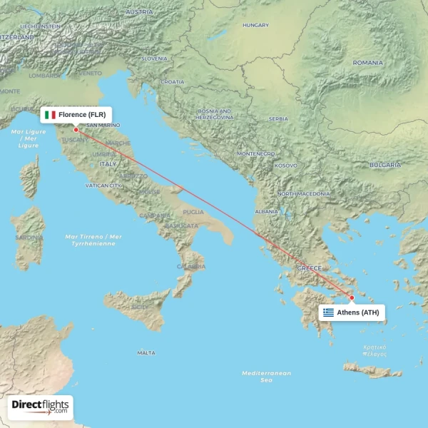 Florence - Athens direct flight map