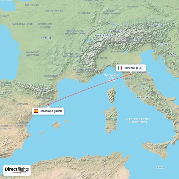 Florence - Barcelona direct flight map