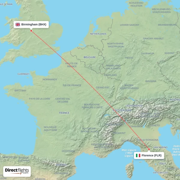 Florence - Birmingham direct flight map